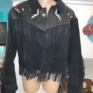 - 80s CHEVIGNON NATIVE FRINGED INLAID SUEDE JACKET